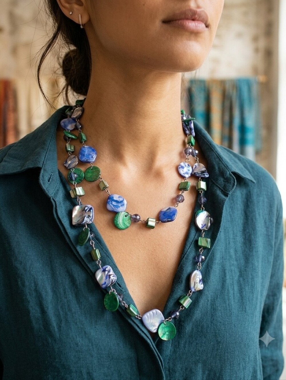 Long Beaded Necklace Blue Sodalite Green Malachite Shell Agate Mix Double Strand